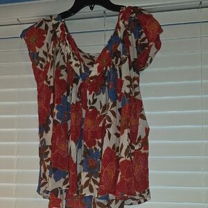+Maurices Floral Cap-Sleeve V-Neck Blouse in Cream, Red & Blue